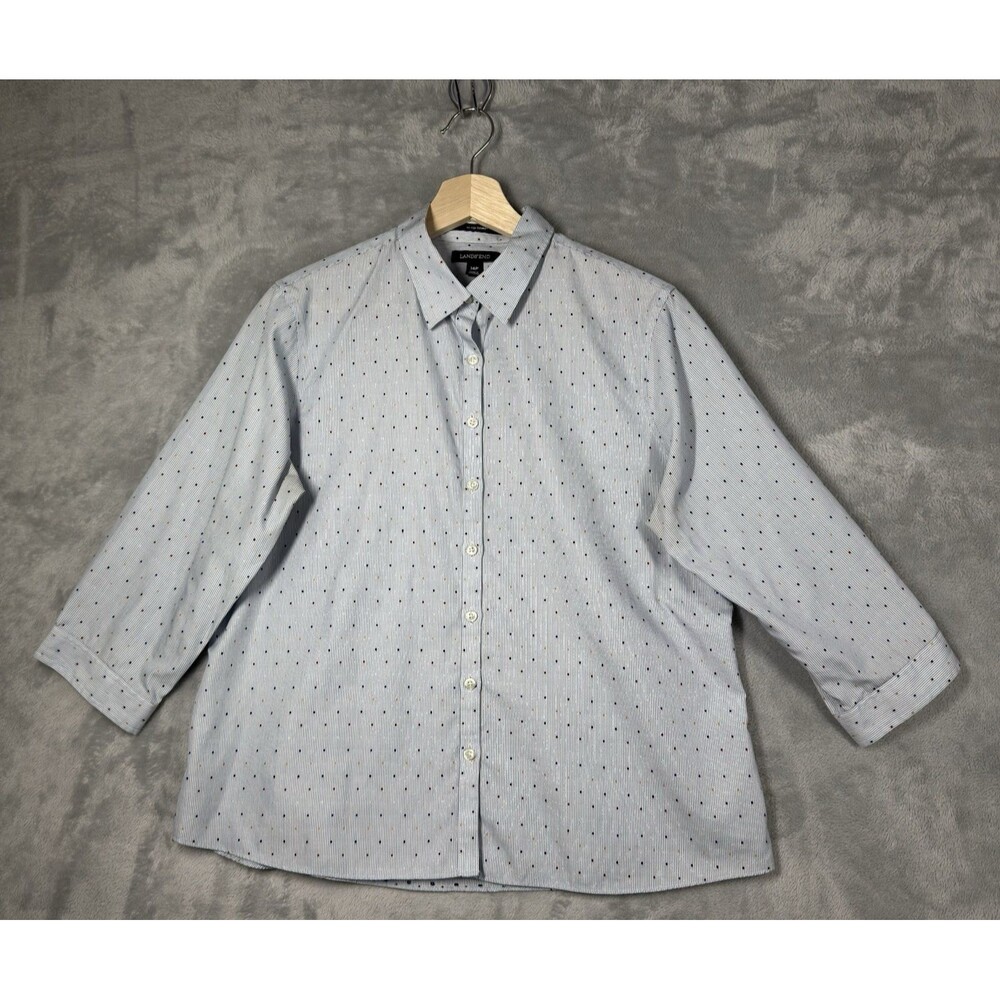 Lands End Supima Shirt Womens 14P Petite Blue Non Iron Striped Dots 3/4 Sleeve